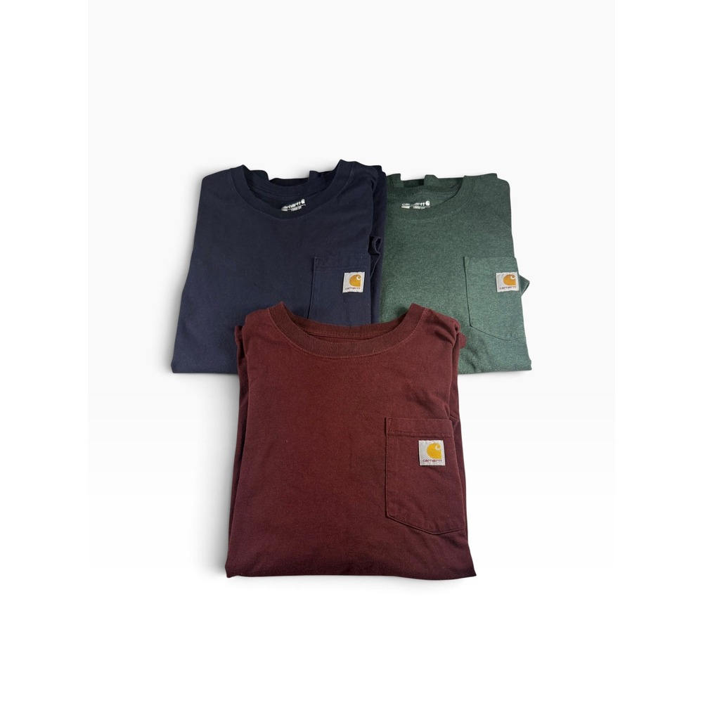 Lot of 3 Carhartt K87 Loose Fit Cotton Pocket T-Shirt Navy Green Maroon L